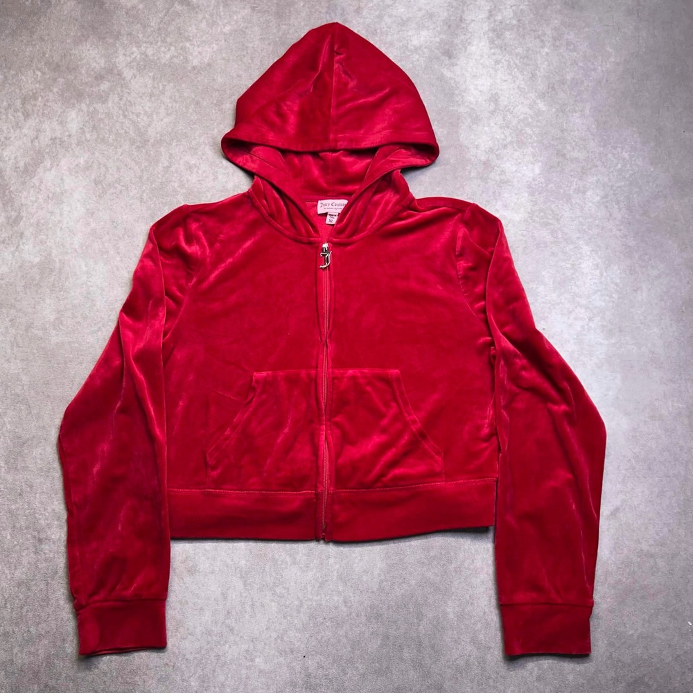 Juicy Couture Red Velour Rhinestone Logo Zip Up Hoodie XL Y2K Cropped Jacket